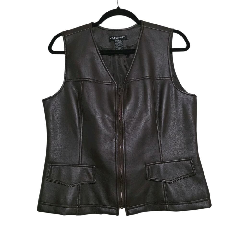 Vtg Faux Leather Sleeveless Zip Up Vest Womens 12 Brown Grunge Boho Biker Y2K